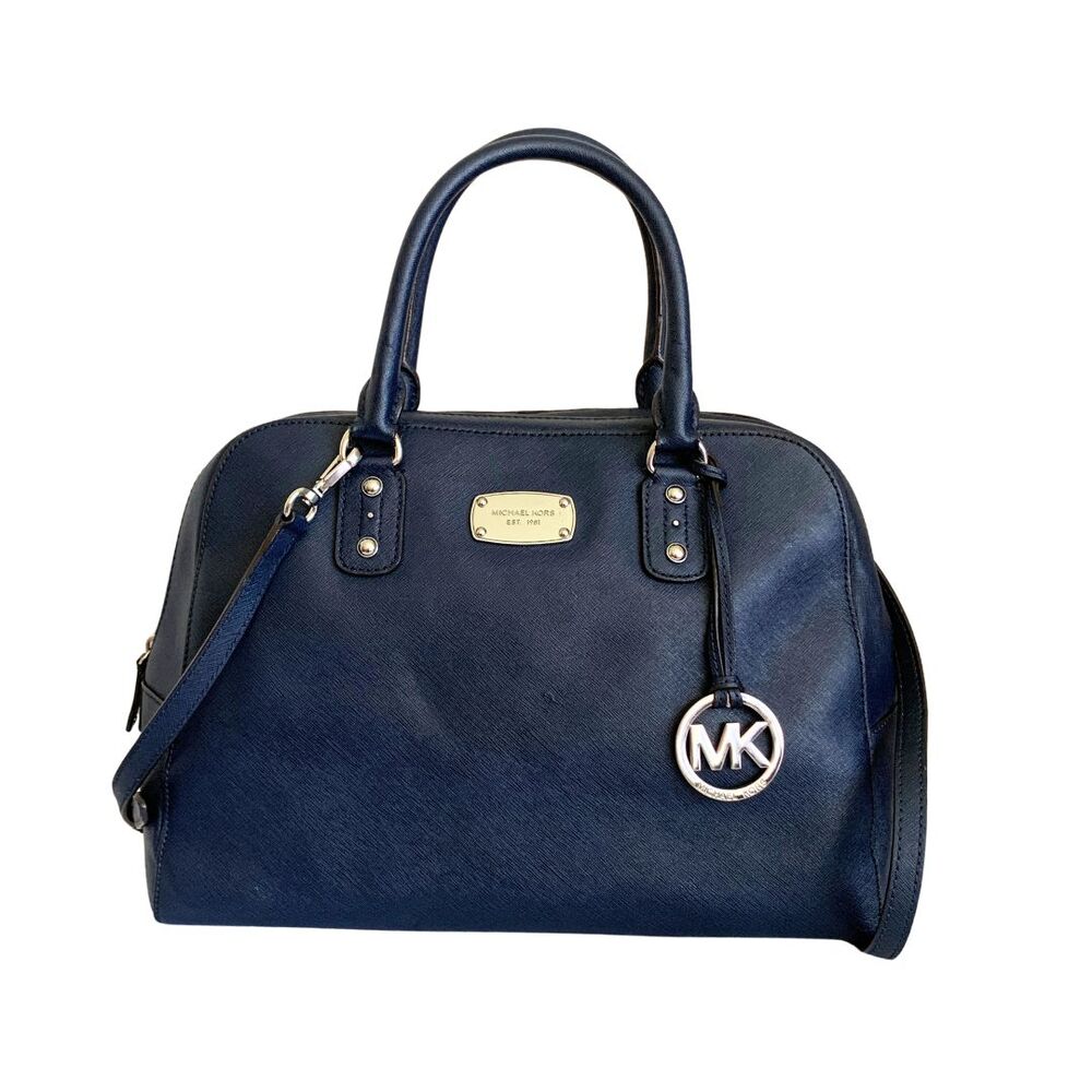 Michael Kors Navy Blue Saffiano Leather Satchel Crossbody Bag Double Top Handle